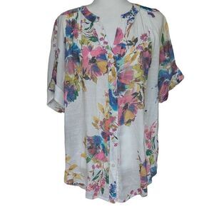 Go Fish Colorful Floral Print Button Down Blouse Round Split Neck Women Size M